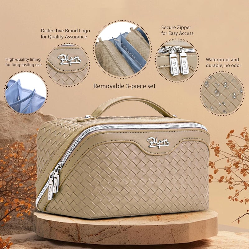 BOYATU Travel Makeup Bag Cosmetic Bags for Women: Large Capacity 3 Pcs Set Make up Bag with Compartments - Waterproof Vegan Leather Toiletry Organizer Bags with Handle (L37 Apricot) - Image 2